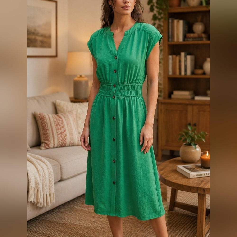 Green Button-Front Midi Dress - Women's